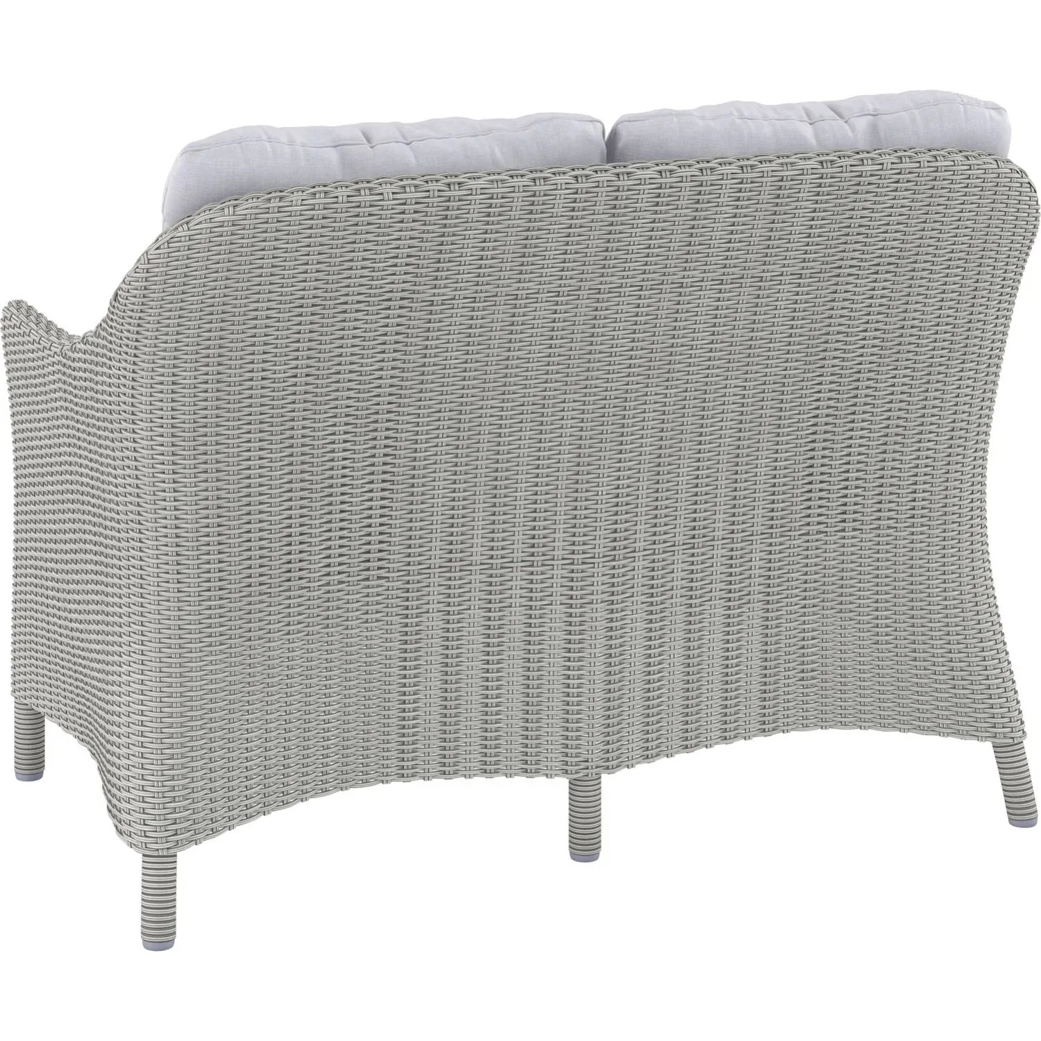 Szara sofa z zestawu mebli ogrodowych t.b.t. z jasnymi poduszkami, widok z tyłu.