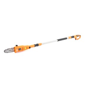 Pomarańczowy elektryczny sekator tyczkowy do przycinania drzew.