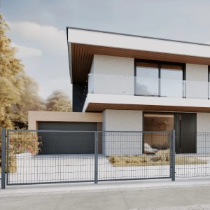 Szare ogrodzenie t.b.t. przed nowoczesnym domem. Akcesoria do płotów i ogrodzeń.