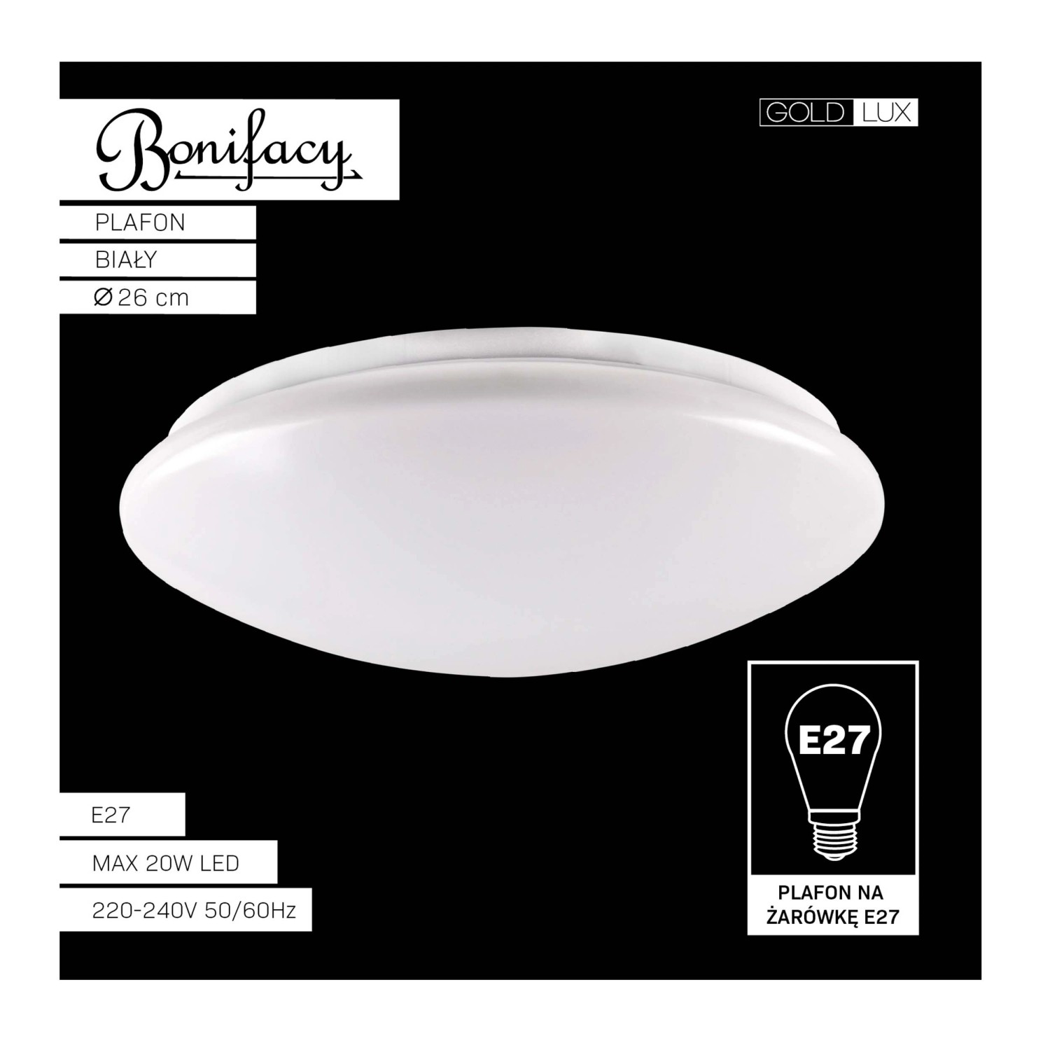 Goldlux Plafon BONIFACY okrągły 1xE27 20W śr. 26 cm biały