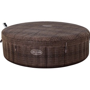 Okrągła, brązowa wanna z hydromasażem Lay-Z-Spa Bali z efektem rattanu.