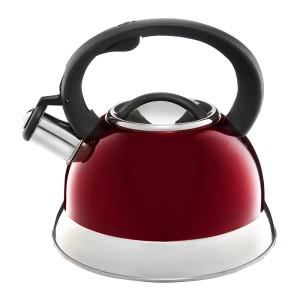 Czerwono-srebrny czajnik z czarną rączką do kuchni.