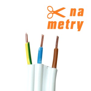Płaski, biały kabel zasilający z trzema kolorowymi żyłami (żółto-zielona, niebieska, brązowa).