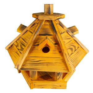 Żółty drewniany karmnik dla ptaków z wieloma miejscami karmienia.