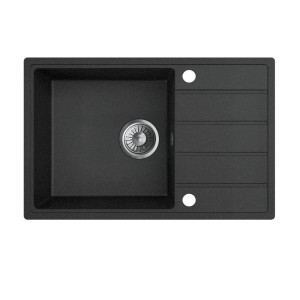 Czarny zlewozmywak granitowy t.b.t. z ociekaczem i komorą.