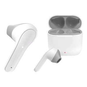 Białe słuchawki douszne t.b.t. z etui ładującym.