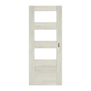 Jasne wewnętrzne drzwi z czterema poziomymi wstawkami szklanymi i strukturą drewna.
