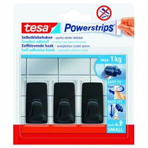 Tesa Powerstrips haczyki S, zestaw 3 szt., samoprzylepne, czarne, do akcesoriów łazienkowych.