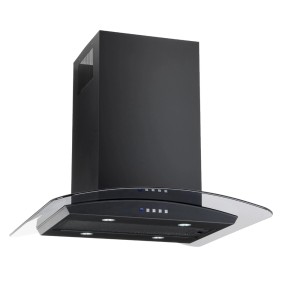 Czarny okap wyspowy z szybą do kuchni.