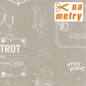 Obrus z motywem bistro: szklanki, sztućce i napisy na beżowym tle.