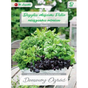 Opakowanie nasion bazylii 'Patio', mieszanka różnych odmian do ogrodu ziołowego.