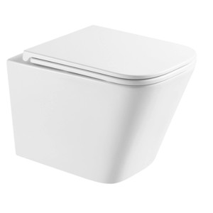 Biała, wisząca miska WC (t.b.t.) o kwadratowym kształcie i zamkniętym kołnierzu.