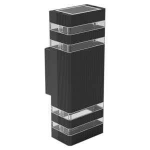 Nowoczesny, czarny kinkiet zewnętrzny t.b.t. z przezroczystymi akcentami do ogrodu.