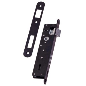 Czarny zamek do drzwi z zaczepem do drzwi wewnętrznych.