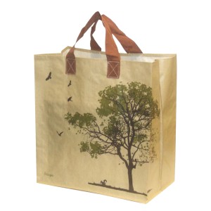 Torba t.b.t. z motywem drzewa i brązowymi uchwytami do artykułów ogrodniczych.