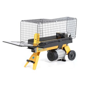 Elektryczna łuparka do drewna z klatką ochronną, żółto-czarna.