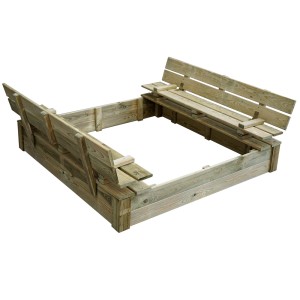 Drewniana piaskownica ze zintegrowanymi ławkami dla dzieci do zabawy w ogrodzie.