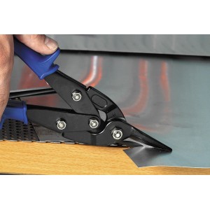 Nożyce do blachy LUX Classic 240 mm tną blachę. Szczypce z niebieską rączką.