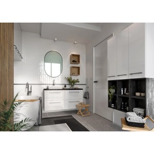 Nowoczesna łazienka z białymi meblami i ciemnymi uchwytami.