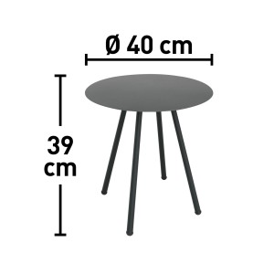 Szary stolik ogrodowy z okrągłym blatem i trzema nogami, średnica 40 cm, wysokość 39 cm.