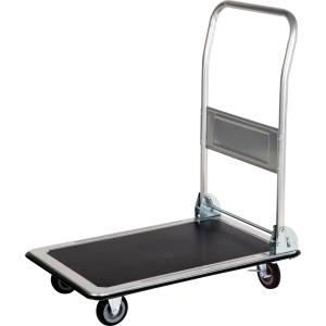 Wózek platformowy ze składanym uchwytem, udźwig 150 kg i antypoślizgową gumową powierzchnią.