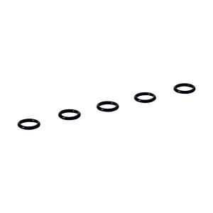 Pięć czarnych uszczelek gumowych t.b.t., odpowiednich do różnych zastosowań.