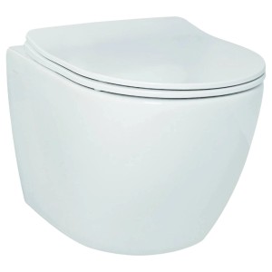 Biała, wisząca miska WC (t.b.t.) z zamkniętą deską sedesową.