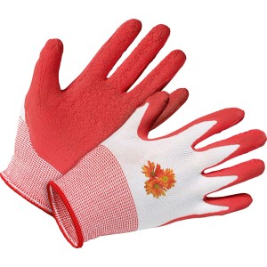 Rękawice ogrodowe LUX rozm. 8, czerwone z powłoką lateksową i kwiatowym wzorem do prac w ogrodzie.