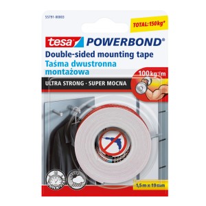 Tesa Powerbond dwustronna taśma montażowa do wewnątrz i na zewnątrz, rolka 1,5m x 19mm.