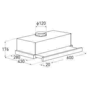 Rysunek techniczny płaskiego okapu t.b.t. z wymiarami.