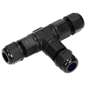 Czarny trójnik do kanałów kablowych, wodoodporny (IP68).