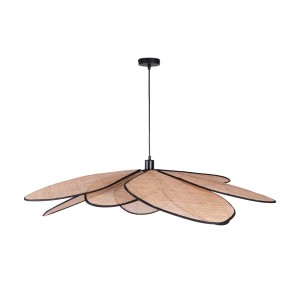 Lampa wisząca w kształcie kwiatu z abażurem z naturalnego materiału i czarnym obramowaniem.