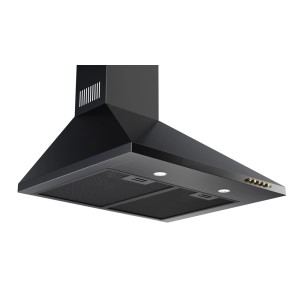 Czarny okap ścienny t.b.t. z oświetleniem i przyciskami sterującymi.