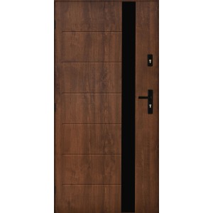 Nowoczesne drzwi zewnętrzne w kolorze drewna z czarnym paskiem i klamką.