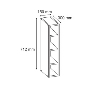Rysunek techniczny wąskiej, białej szafki do przechowywania (t.b.t.) z czterema otwartymi przegródkami i wymiarami.