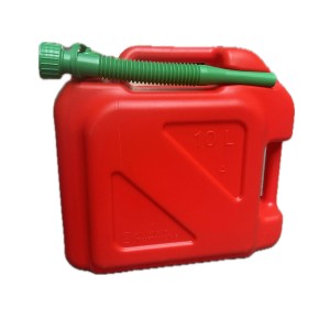 Czerwony kanister na paliwo 10L z zielonym lejkiem do pomocy drogowej.