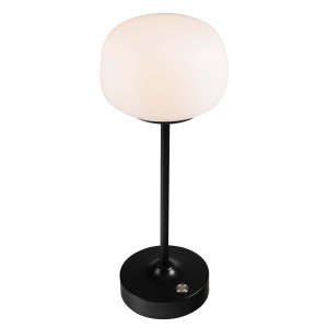 Dekoracyjna lampa stołowa z okrągłym, białym kloszem i czarną podstawą.