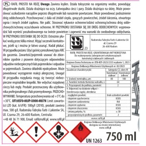 Etykieta farby antykorozyjnej Rafil, 750 ml. Szczegóły dotyczące składników i instrukcji użytkowania.
