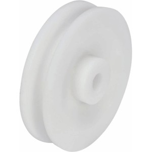 Biały bloczek linowy z tworzywa, średnica 80 mm, do lin do 9 mm. Do zmiany kierunku liny w transporcie.