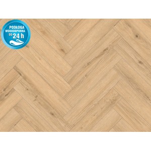 Jasne panele podłogowe t.b.t. w jodełkę, wodoodporne.