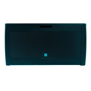 Antracytowy pojemnik na poduszki z efektem rattanu do przechowywania akcesoriów ogrodowych.