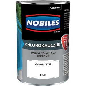 Biała farba Nobiles Chlorokautschuk do metalu i betonu w metalowym wiadrze.