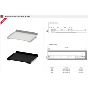 System szuflad kuchennych t.b.t. w kolorze czarnym i białym, rysunek techniczny.