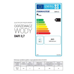 Etykieta energetyczna przepływowego ogrzewacza wody t.b.t.: Klasa efektywności energetycznej A, zużycie 465 kWh/rok.