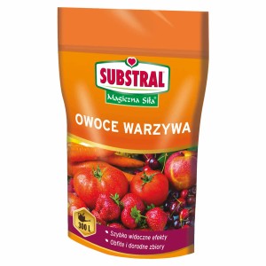 Nawóz do warzyw Substral dla obfitych plonów. Opakowanie z warzywami i owocami.