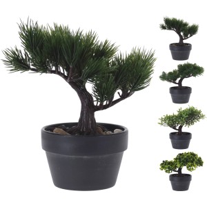 Różne sztuczne drzewka bonsai w doniczkach, idealne jako dekoracja.
