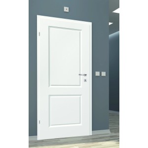 Białe drzwi wewnętrzne z dwoma panelami i srebrną klamką.