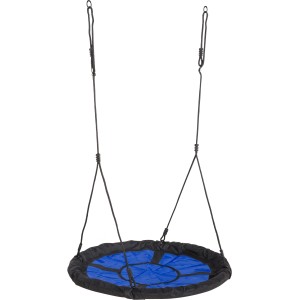 Huśtawka gniazdo Swibee, okrągła huśtawka ogrodowa z niebieskim siedziskiem i czarnymi linami.