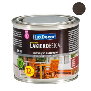 Ciemnobrązowa lakierobejca do drewna LuxDecor do wnętrz i na zewnątrz, puszka 200 ml.