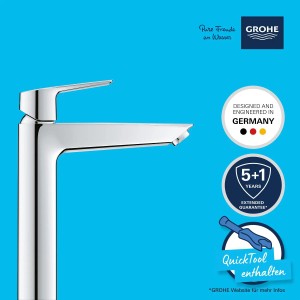 Grohe QuickFix Start XL: Chromowana bateria umywalkowa z wysoką wylewką do umywalek.